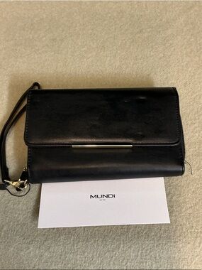 mundi Black Leather Wristlet Clutch with Silver Bar Accent